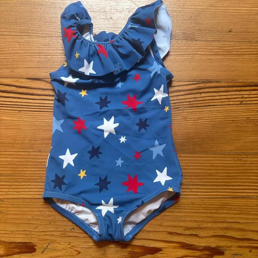 Hanna Andersson blue red star patriotic ruffle one piece swimsuit‎ SIZE 2T